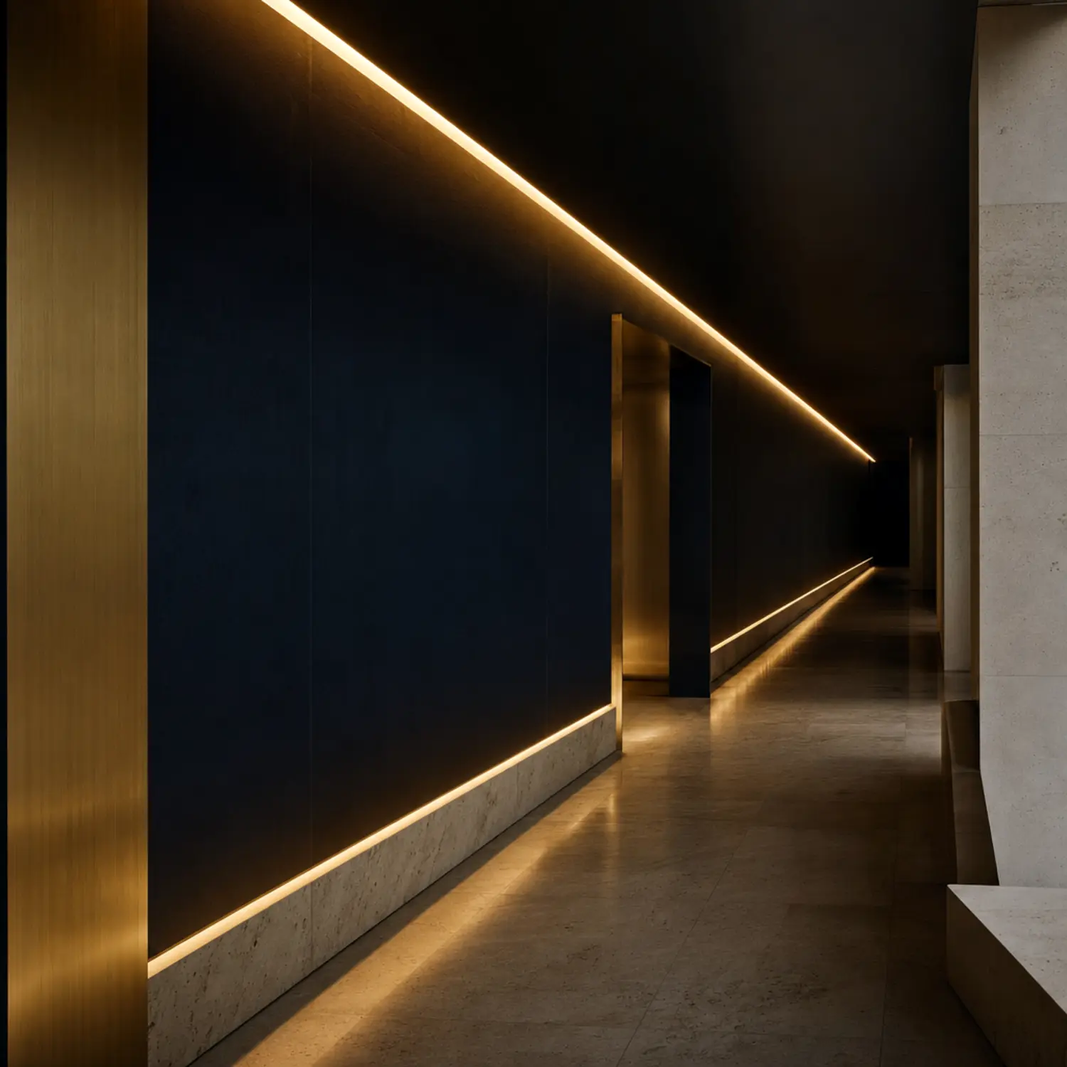 Corredor arquitectónico iluminado por una línea de latón que marca la ruta